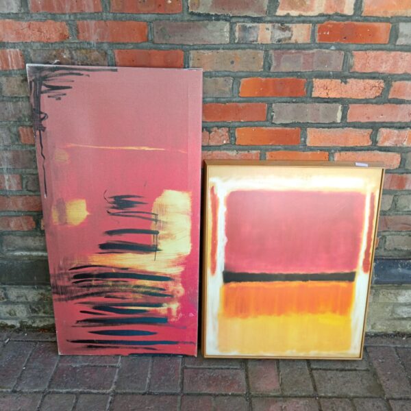 Vibrant red and yellow abstract art print on canvas.