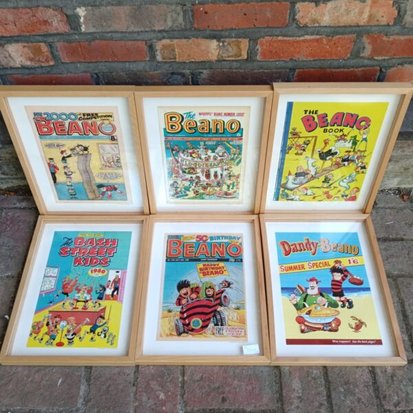 Framed Beano and Dandy comic prints, vintage British comic art.
