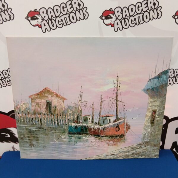 Vintage oil painting of boats at sunset by Max Sady.