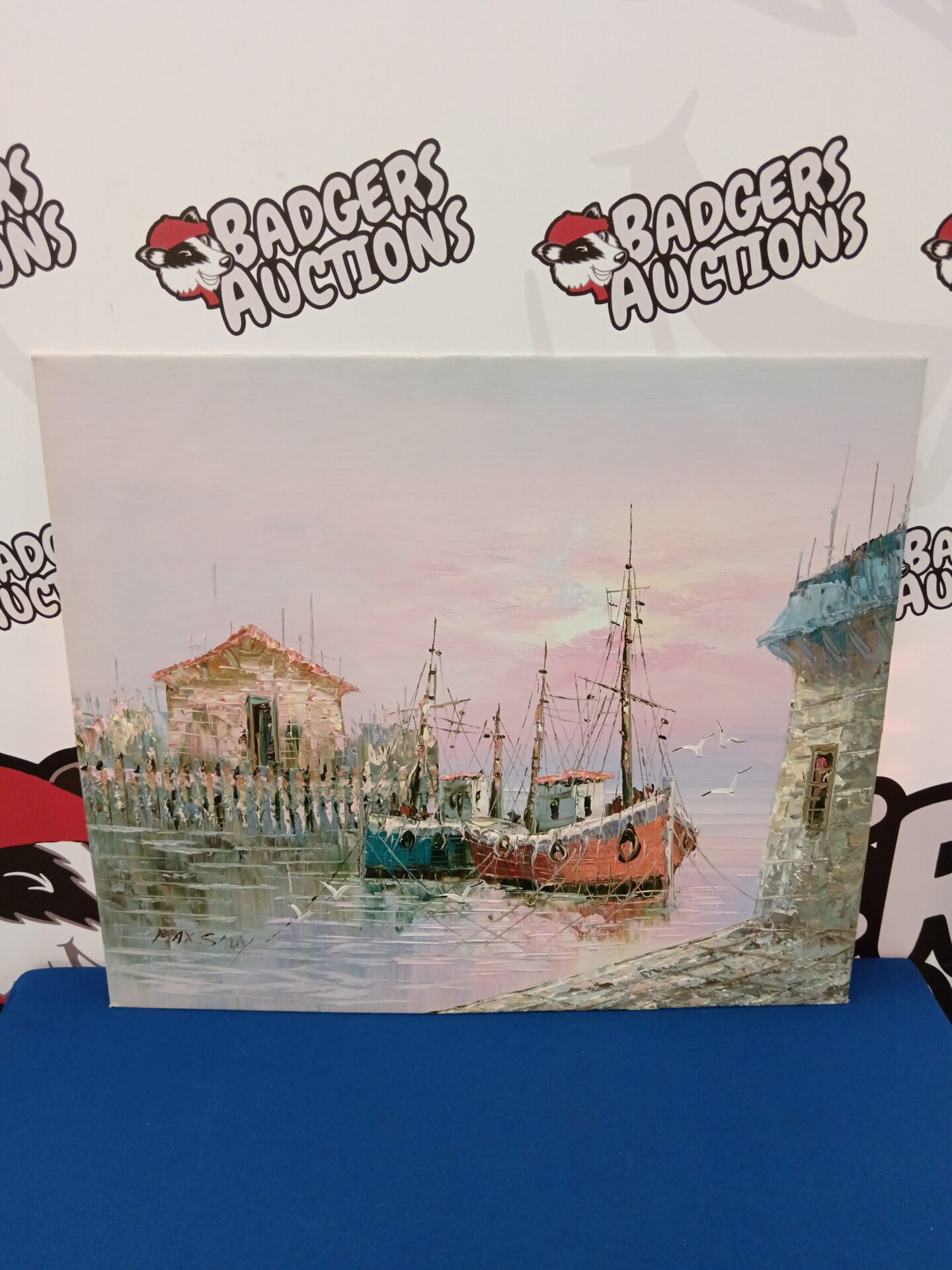 679 Max sady oil on board of boats in dock at sunset