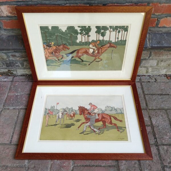Pair of vintage French pochoir prints by Charles Ancelin depicting horse racing.
