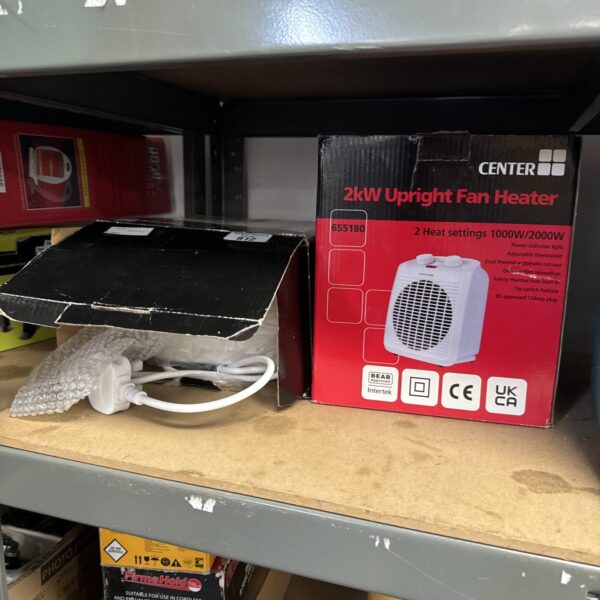 New Centre 2kW upright fan heater in original packaging.