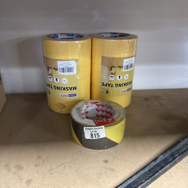 Two packs of masking tape rolls and hazard tape for DIY projects.