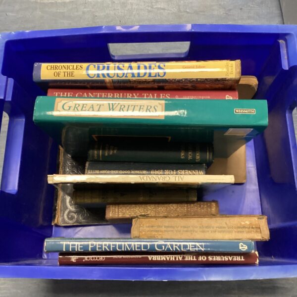 Vintage book lot featuring Chronicles of the Crusades, The Perfumed Garden, and Canterbury Tales.