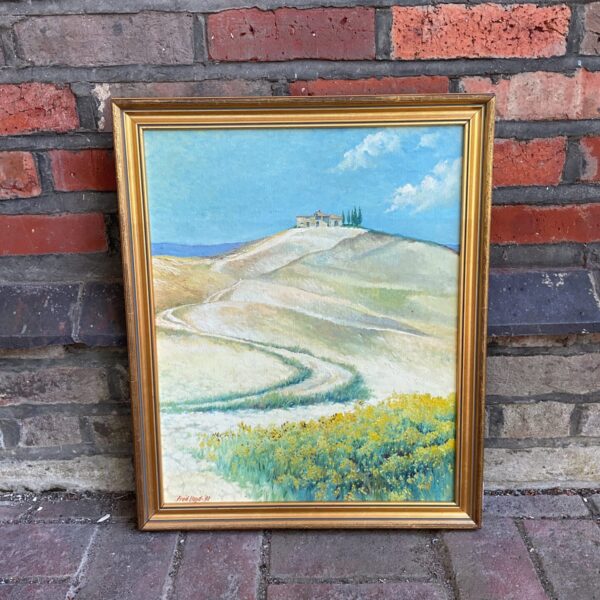 Vintage Tuscan farmhouse painting by Fred Lloyd, idyllic Italian landscape.