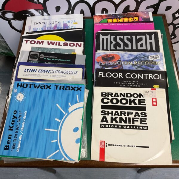 Overview of a vinyl record lot with various dance music artists.