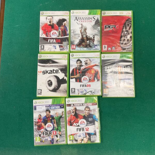 Xbox 360 games collection featuring FIFA and Call of Duty titles.