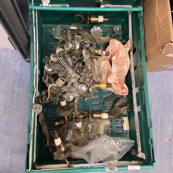 Tray of vintage brass and cut glass chandelier parts.