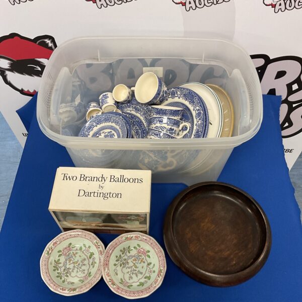 Vintage Dartington brandy balloons and blue & white ironstone china collection.
