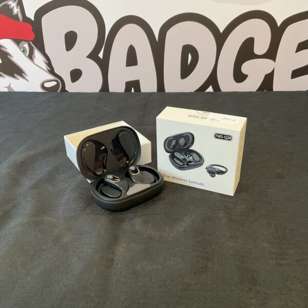 Close-up of true wireless earbuds, model TWS-Q28, in charging case.