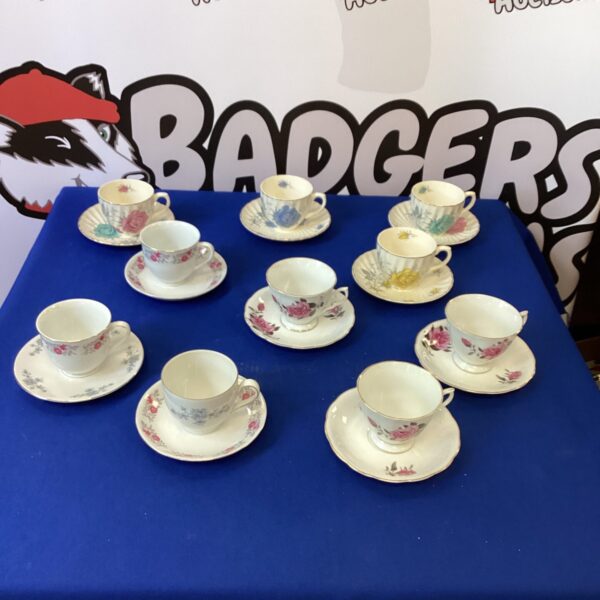 Vintage Royal Wessex tea cups and saucers with floral design.