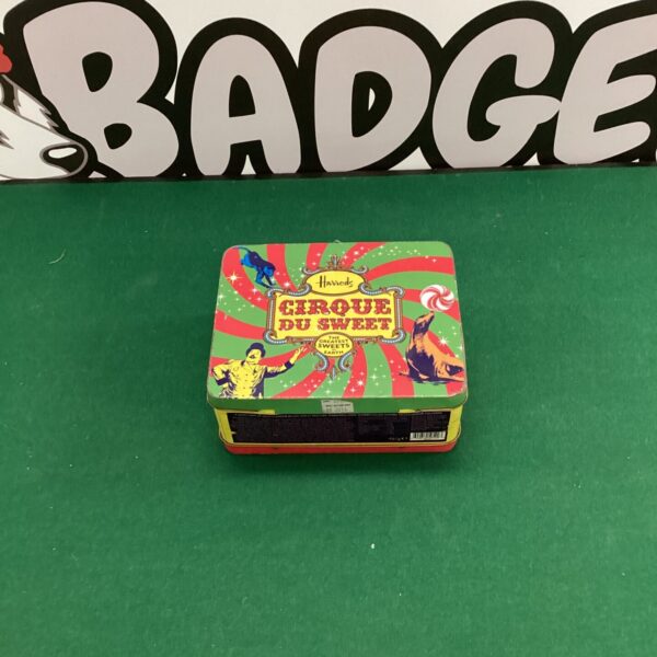 Vintage Harrods Cirque Du Sweet tin with colourful circus design.