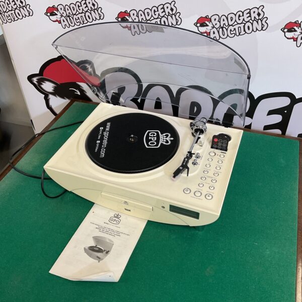 Front view of a vintage GPO retro turntable and CD player.