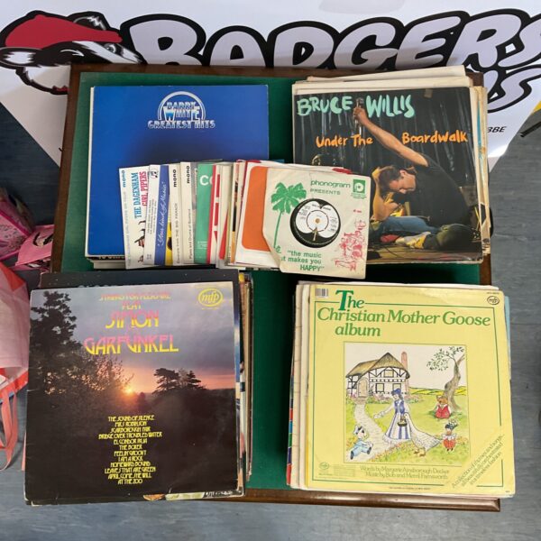 Vintage vinyl records lot featuring Bruce Willis album.