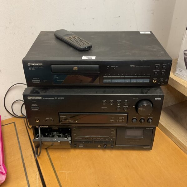 Vintage Pioneer CD player and cassette deck in black.