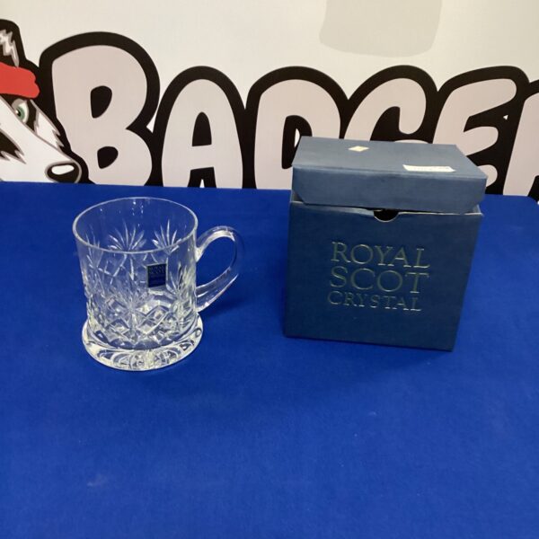 Elegant Royal Scot crystal tankard with detailed cut glass design.