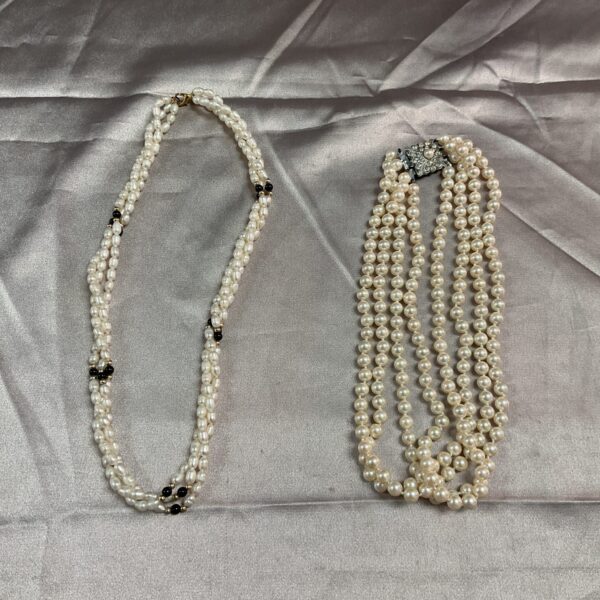 Vintage three-strand cultured pearl necklace and faux pearl choker.