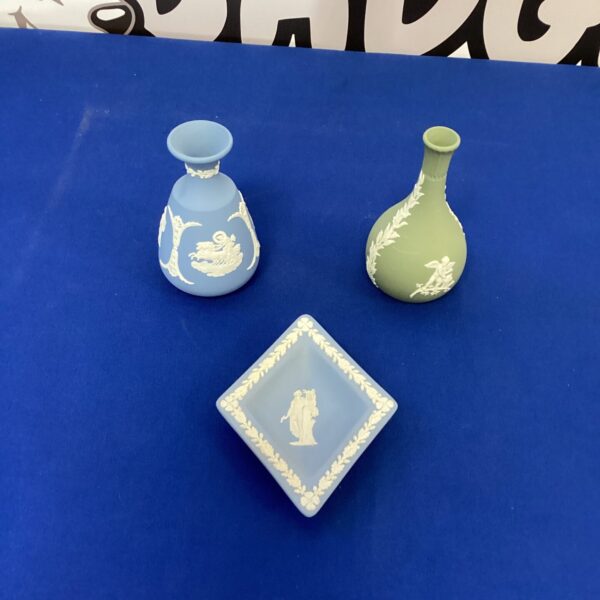 Antique Wedgwood Jasperware pottery collection with neoclassical designs.