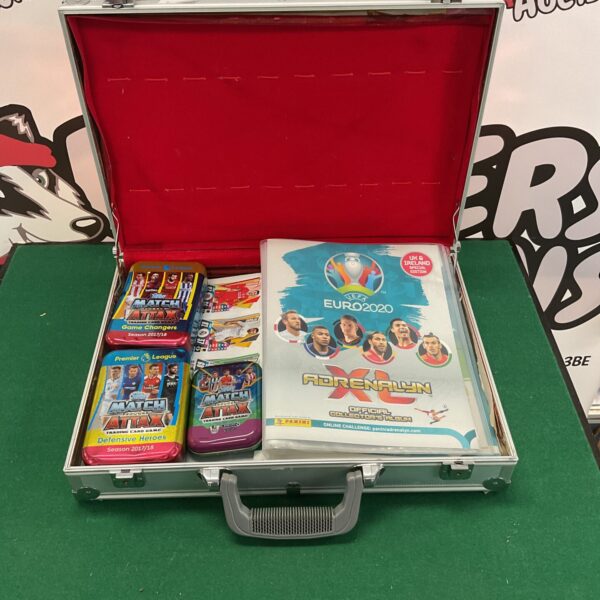 Football trading cards and Panini Euro 2020 album in a storage case.