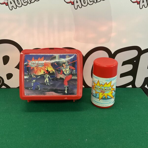 Vintage Aladdin Lazer Tag lunch box and cup, a collectible from the 1980s.