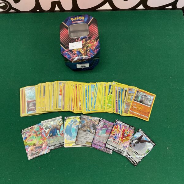 Pokemon card collection with storage tin for TCG cards.