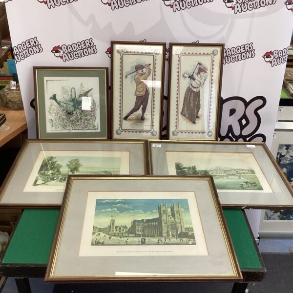 Vintage framed tapestry depicting a golfer in action.