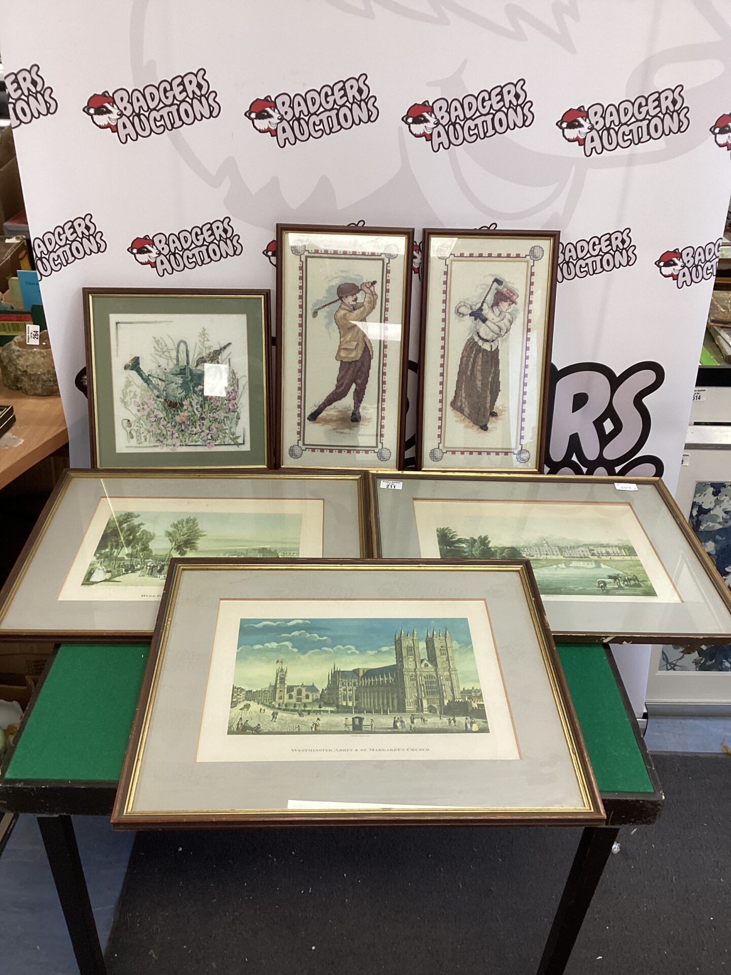 237 Three Framed Tapestries inc Golfers and Three Framed Prints inc Westminster Abbey