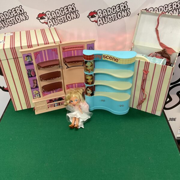 Vintage Mattel My Scene playset furniture and accessories on display.