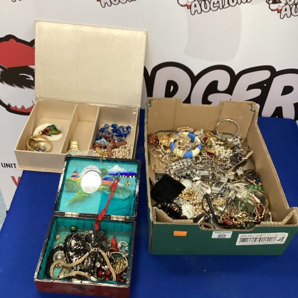 Costume jewellery and watch lot in two boxes.