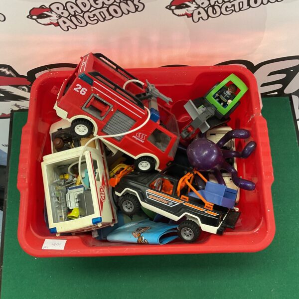 Playmobil toy vehicles lot, including a red fire engine.