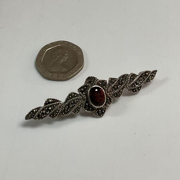 Antique silver and ruby marcasite brooch, vintage jewellery detail.