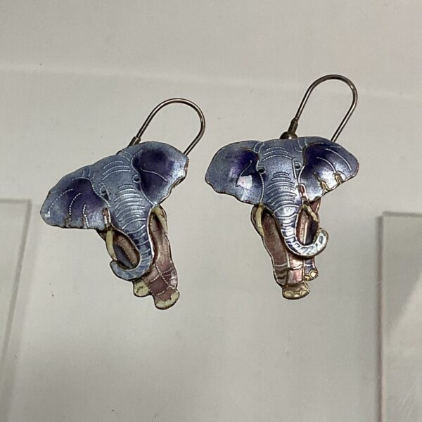 Vintage silver enamel elephant earrings with blue detailing.