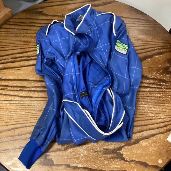 Blue NFR racewear overalls, size small, motorsport clothing.