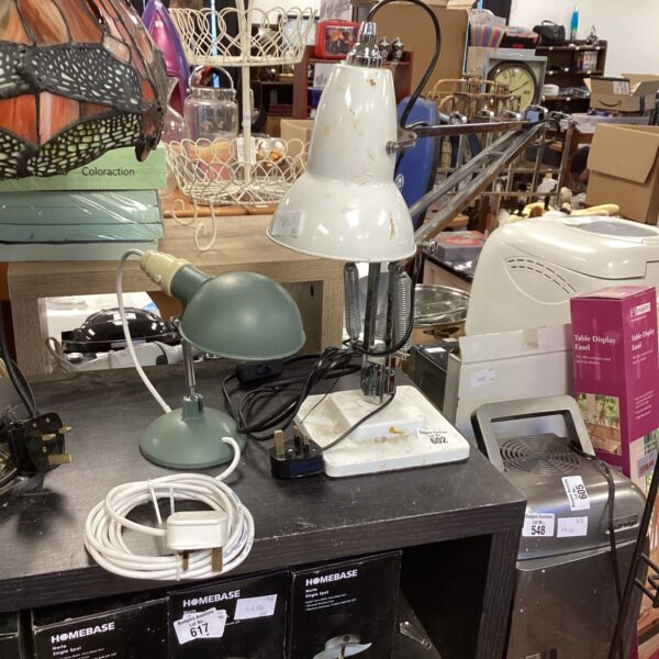 Vintage Angle Poise desk lamp with white shade and chrome finish.