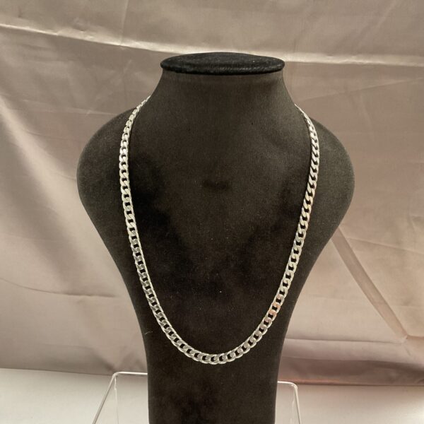 Close-up of a silver curb chain necklace, 18 inches long.