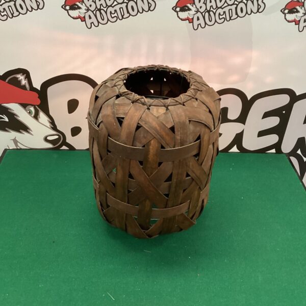 Vintage woven wood lamp shade with open rattan design.
