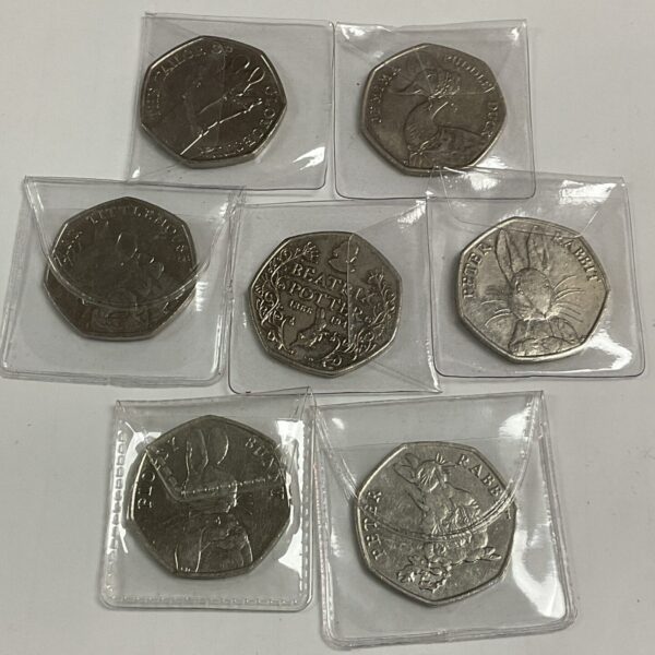 Group of Beatrix Potter 50p coins, collectable UK coinage.