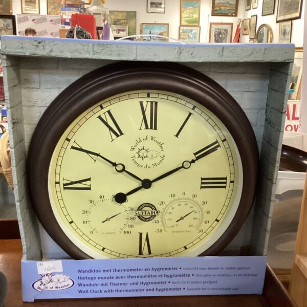 Vintage outdoor thermometer clock with weathered face and temperature scale.