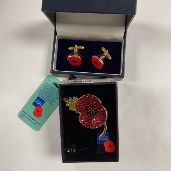British Legion poppy cufflinks and brooch set for remembrance.