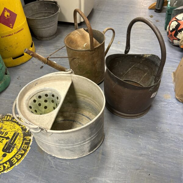 Vintage metal buckets including watering can and mop bucket.