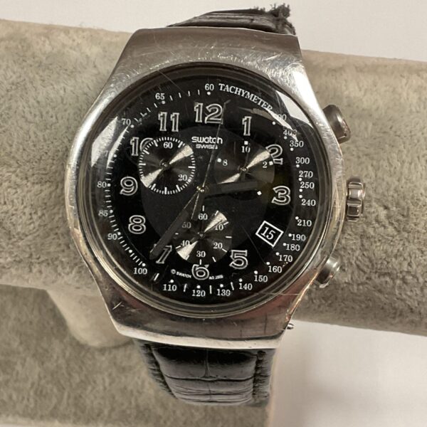 Black dial Swatch Irony quartz gents wristwatch with chronograph.