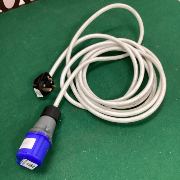 Long outdoor power lead with weatherproof connector for garden use.