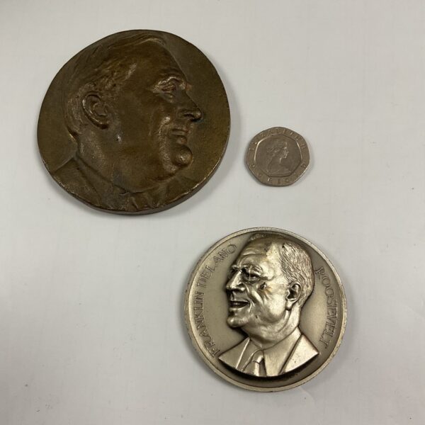 Bronze Franklin D Roosevelt inauguration medallion, collectible presidential memorabilia.