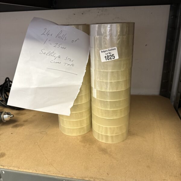 Lot of twenty-four clear packing tape rolls for shipping and office use.