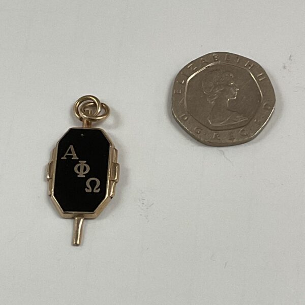 Vintage masonic pendant with black enamel and yellow metal detailing.
