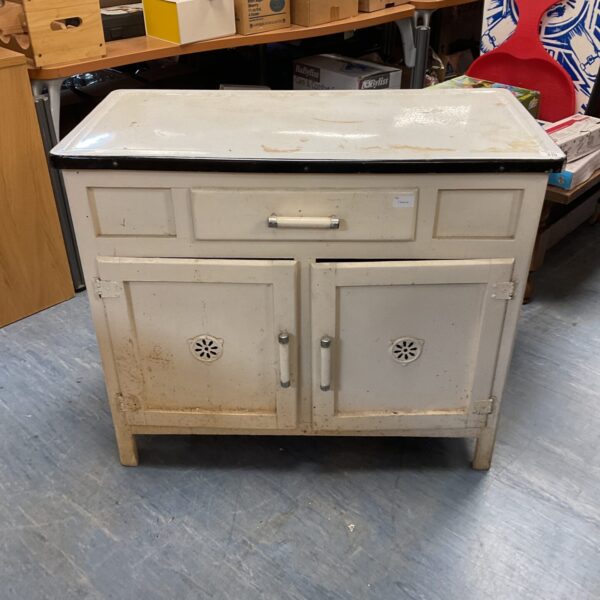 Vintage 1950s kitchen cabinet with painted finish.