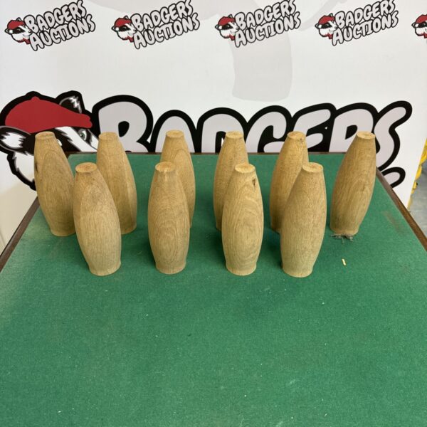 Group of ten vintage wooden skittles, hand made.