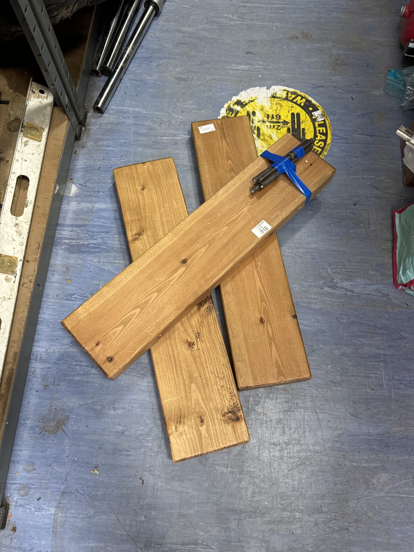 1018 Three thick oak floating shelves 25.5” length x 6” depth approx – only two have fixings