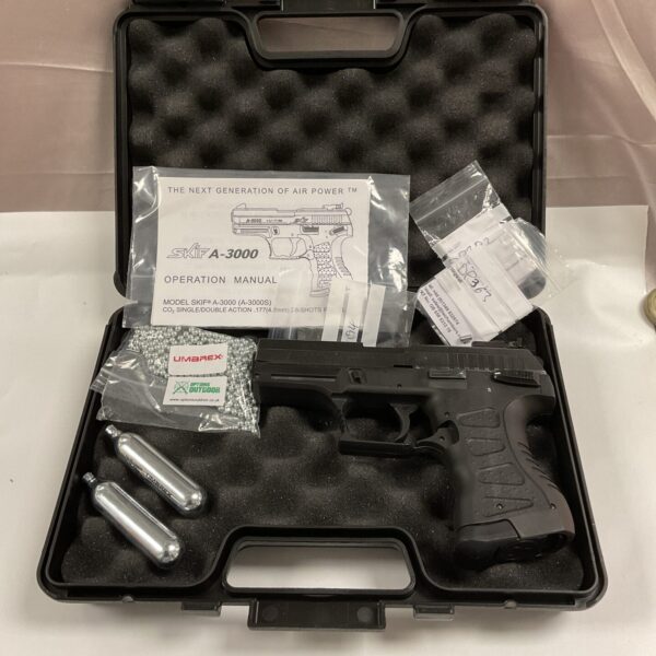 Skif A-3000 Co2 BB pistol in a hard case with accessories.