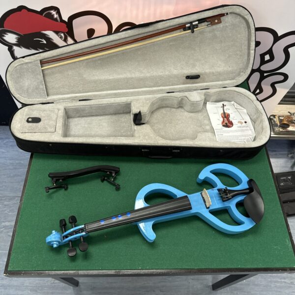 Blue Hvpv-30 electric violin with bow and case.